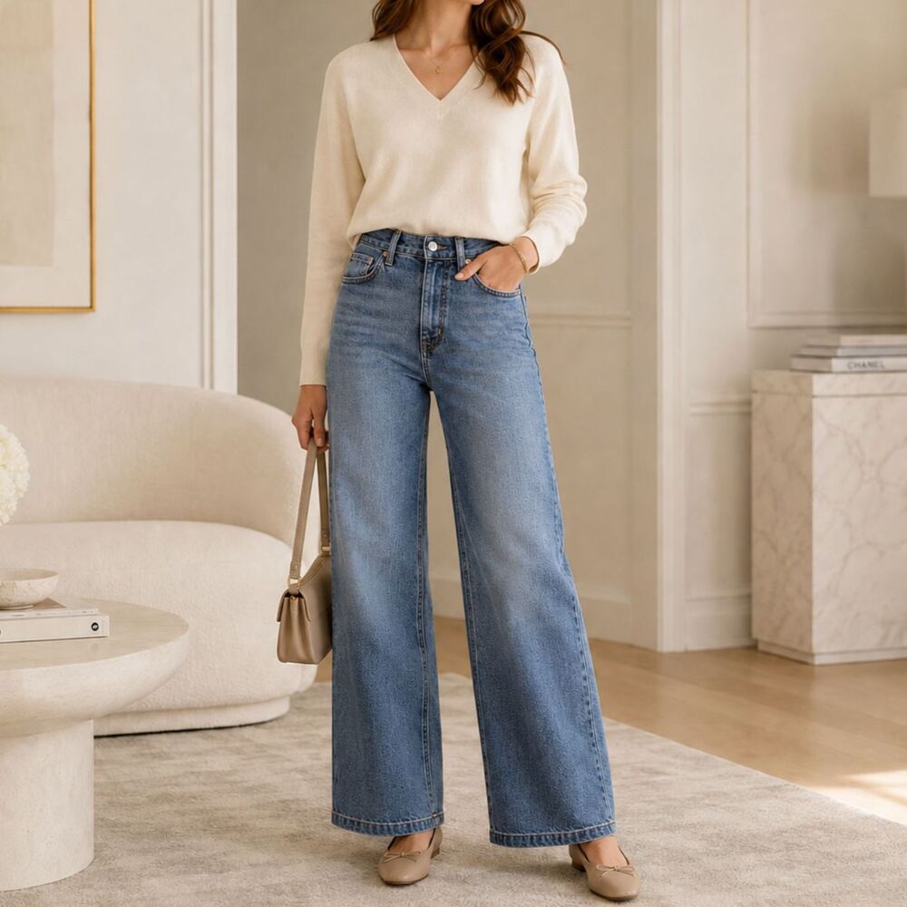 J. Crew Classic Wide-Leg Jeans High-Rise Stretch Denim Size 28 Quiet Luxury